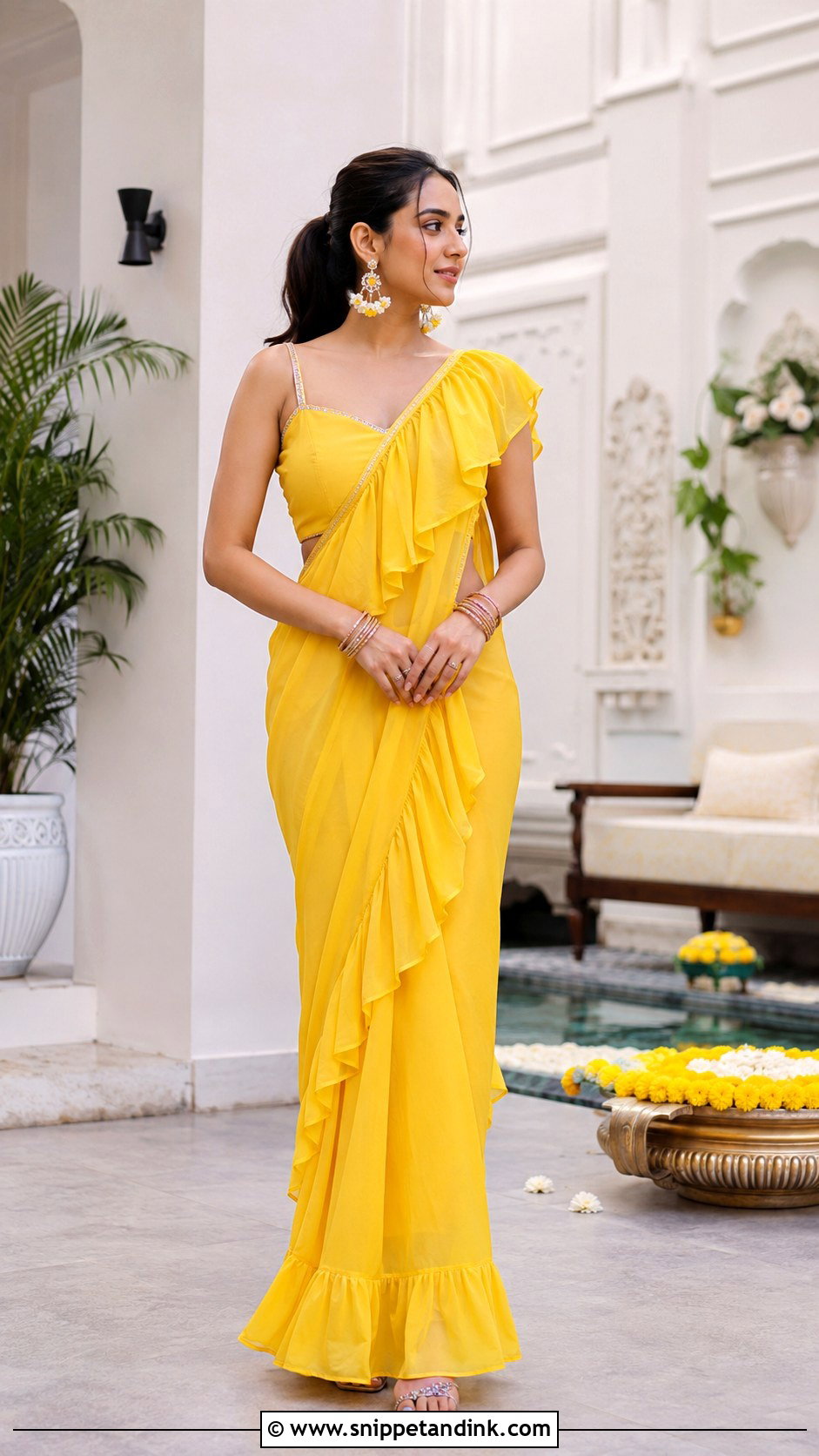 Yellow Ruffle Saree for Haldi - Snippet and Ink - 20 Haldi Theme Dress Ideas