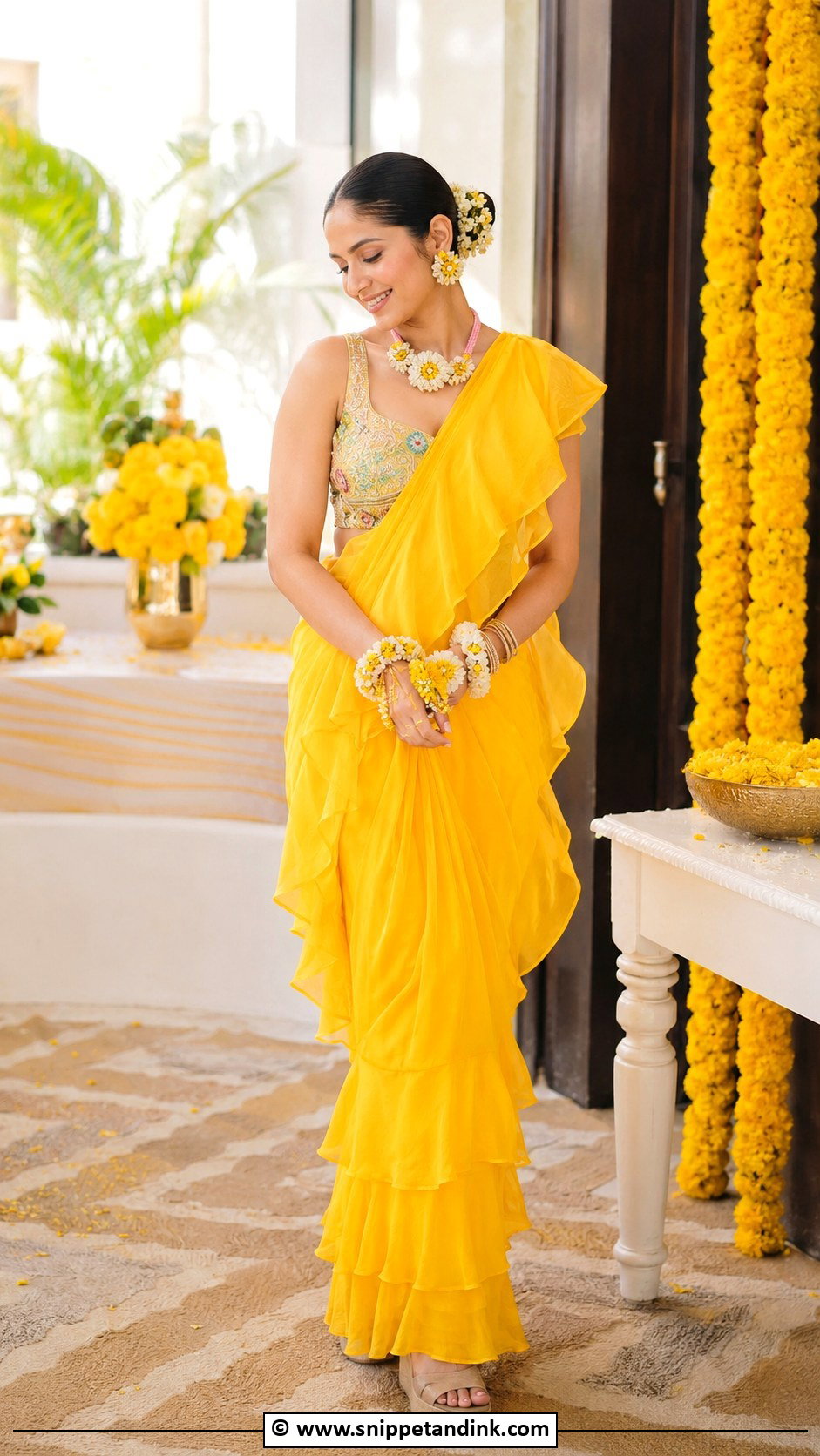 Yellow Ruffle Saree for Haldi Bride - Snippet and Ink - 30 Unique Haldi Outfits for Bride