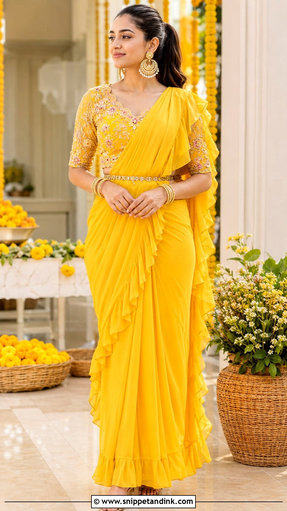 Yellow Ruffle Saree for Sister - Snippet and Ink - 20 Yellow Haldi Ceremony Outfit for Sister Ideas