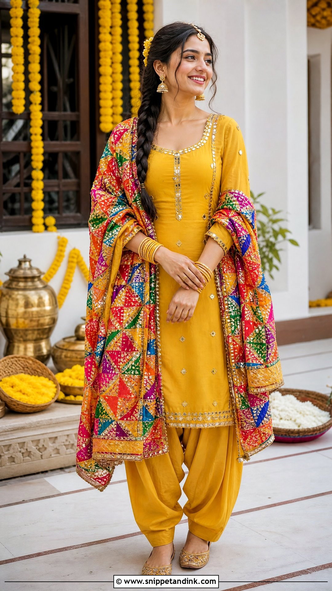 Yellow Salwar Kameez With Phulkari Dupatta - Snippet and Ink - 25 Simple Yellow Dress for Haldi Function Ideas