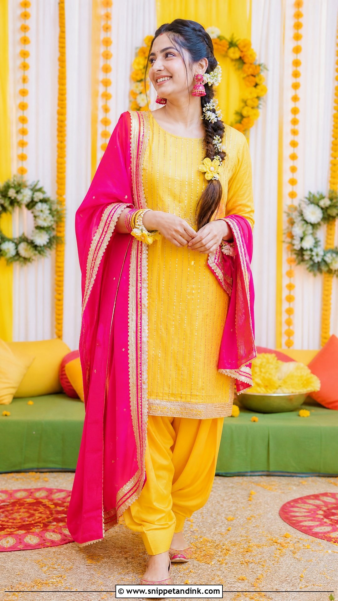 Yellow Salwar Suit With Fuchsia Dupatta - Snippet and Ink - 20 Yellow Contrast Color Dress for Haldi Ideas