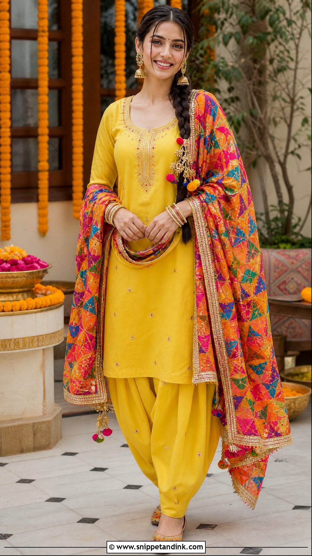 Yellow Salwar Suit With Phulkari Dupatta for Haldi - Snippet and Ink - 20 Yellow Colour Dress for Haldi Ideas