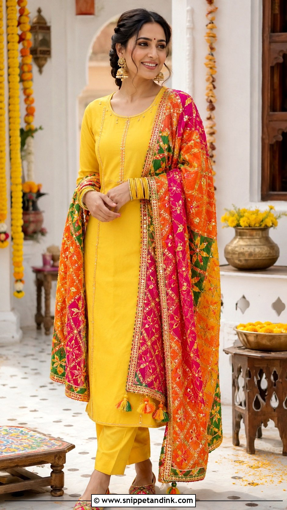 Yellow Salwar Suit With Phulkari Dupatta - Snippet and Ink - 20 Haldi Outfit for Mom Ideas