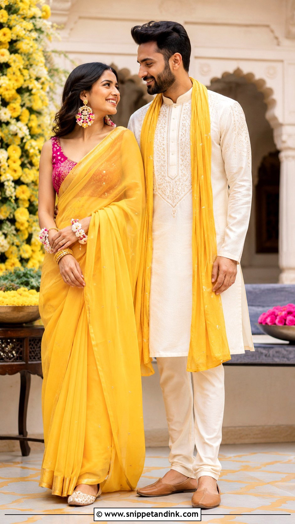 Yellow Saree And Ivory Kurta Haldi Outfits - Snippet and Ink - 20 Haldi Outfits for Couple