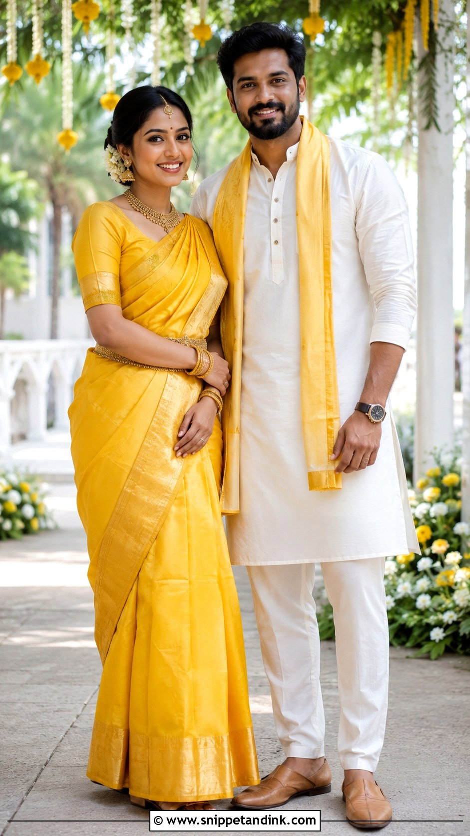 Yellow Saree And White Kurta Pajama Wedding Couple Dress Combination - Snippet and Ink - 25 Wedding Couple Dress Combination Ideas