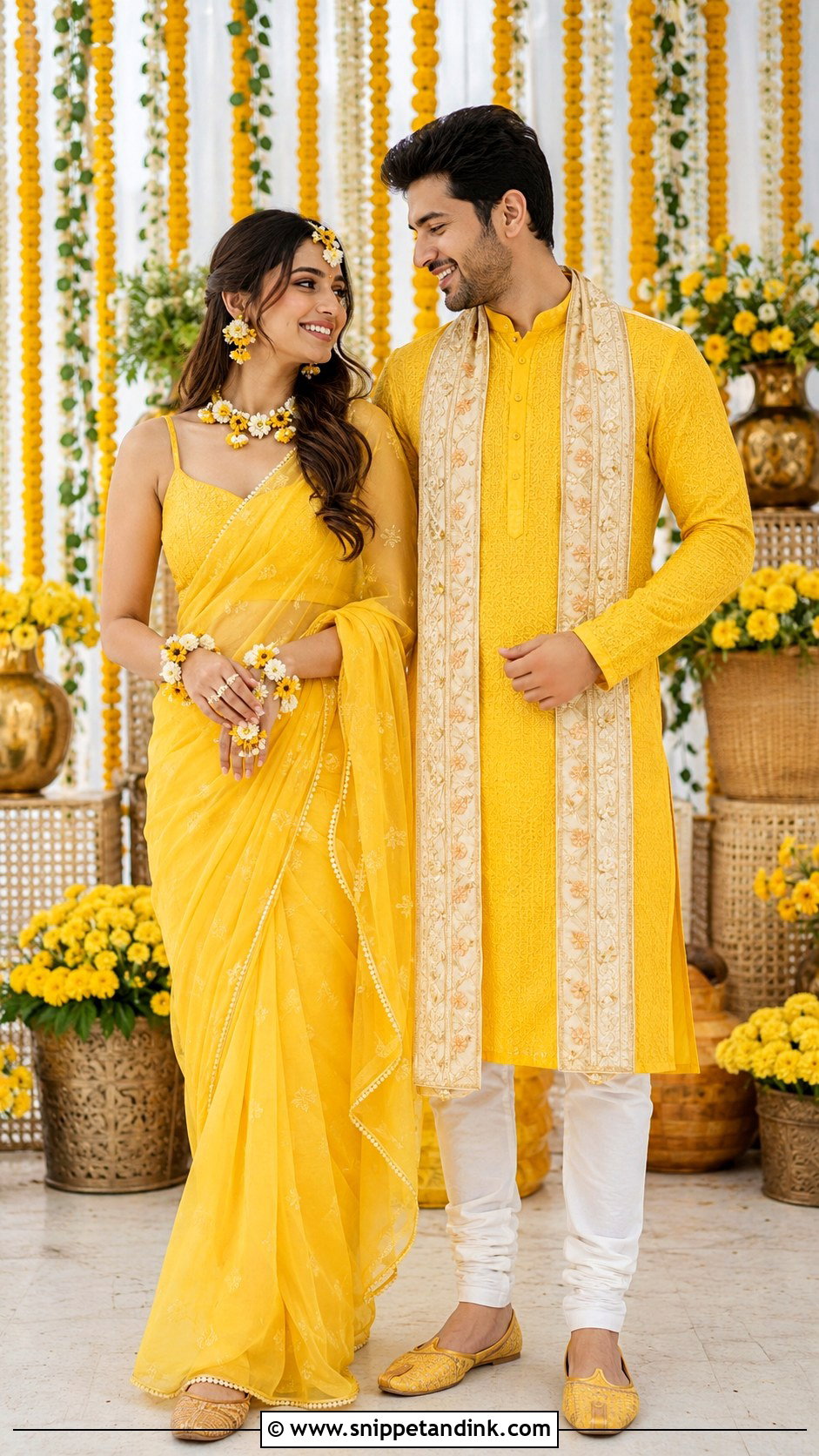 Yellow Saree And Yellow Kurta Haldi Couple Outfit - Snippet and Ink - 25 Haldi Couple Outfits