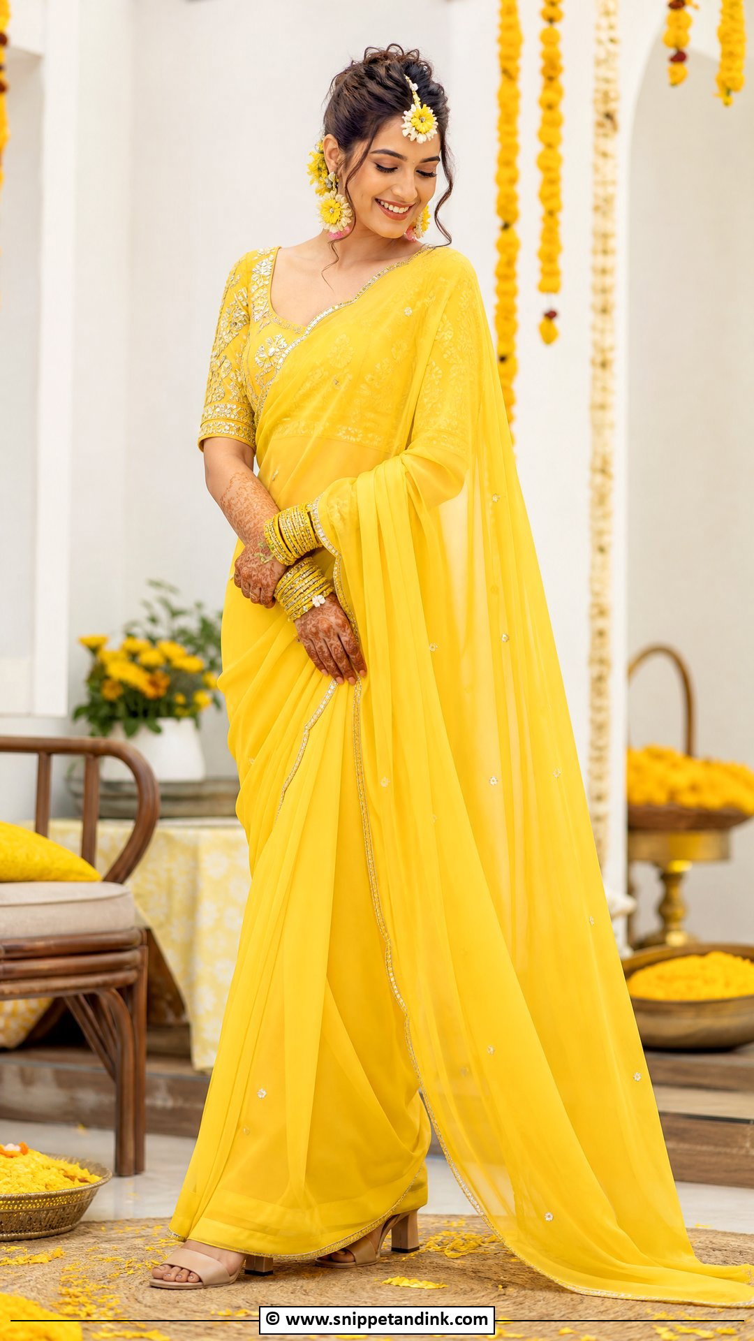 Yellow Saree For Haldi Ceremony - Snippet and Ink - 35 Haldi Ceremony Outfit for Bride Ideas