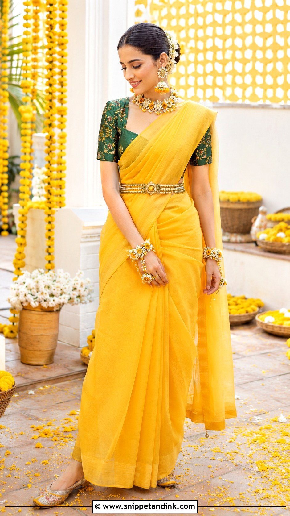 Yellow Saree With Contrast Blouse For Haldi Bride - Snippet and Ink - 25 Outfit for Haldi Function for Bride Ideas