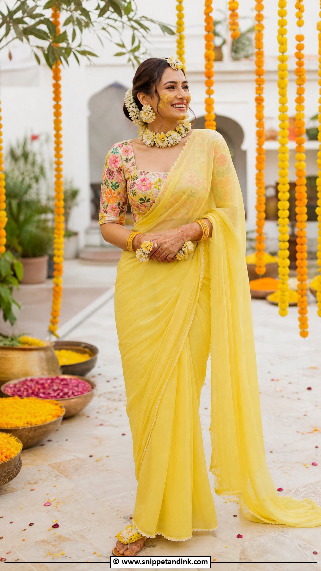 Yellow Saree With Floral Blouse For Bride - Snippet and Ink - 35 Haldi Dress for Bride Ideas
