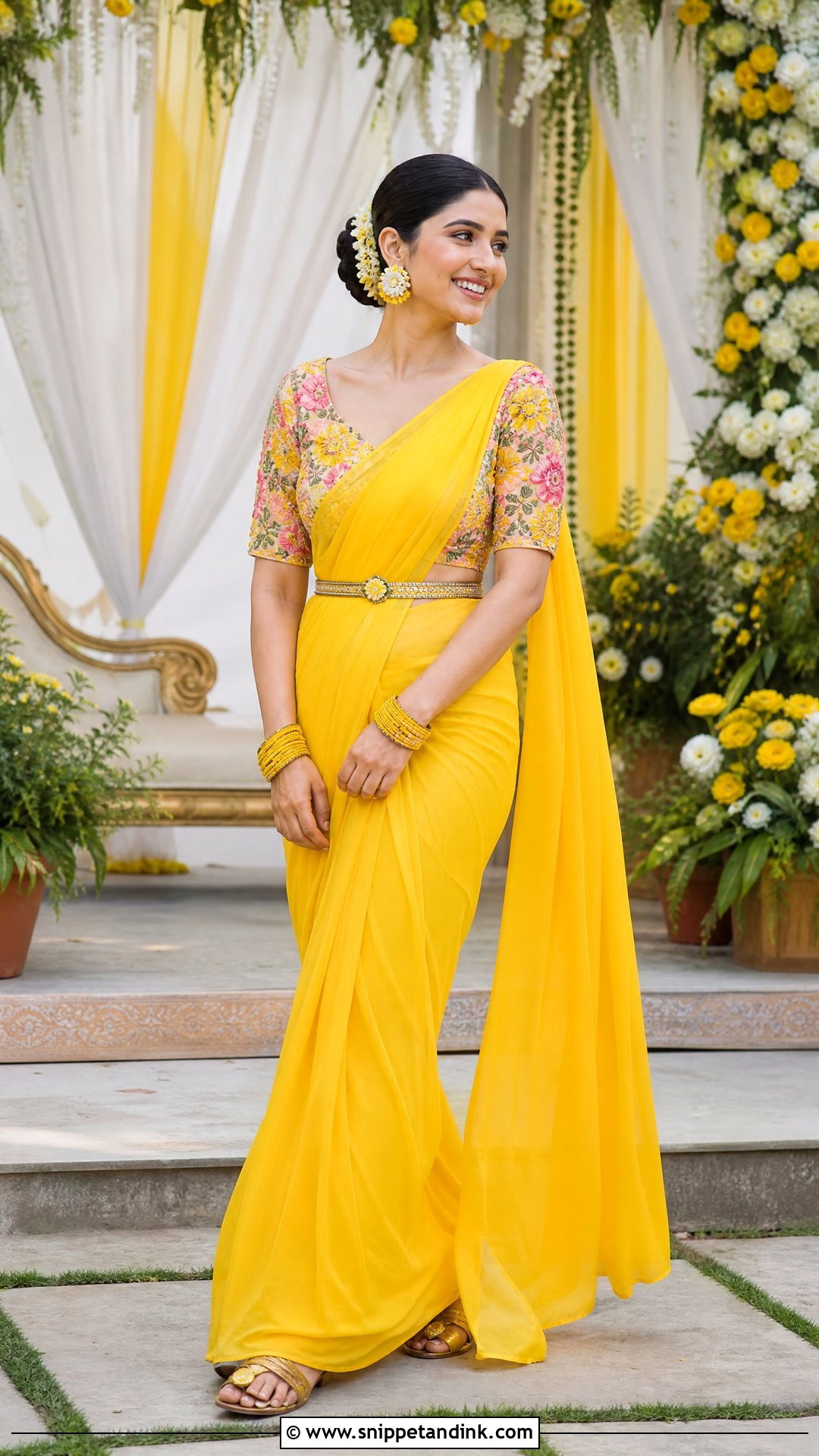 Yellow Saree With Floral Blouse for Haldi - Snippet and Ink - 20 Yellow Colour Dress for Haldi Ideas
