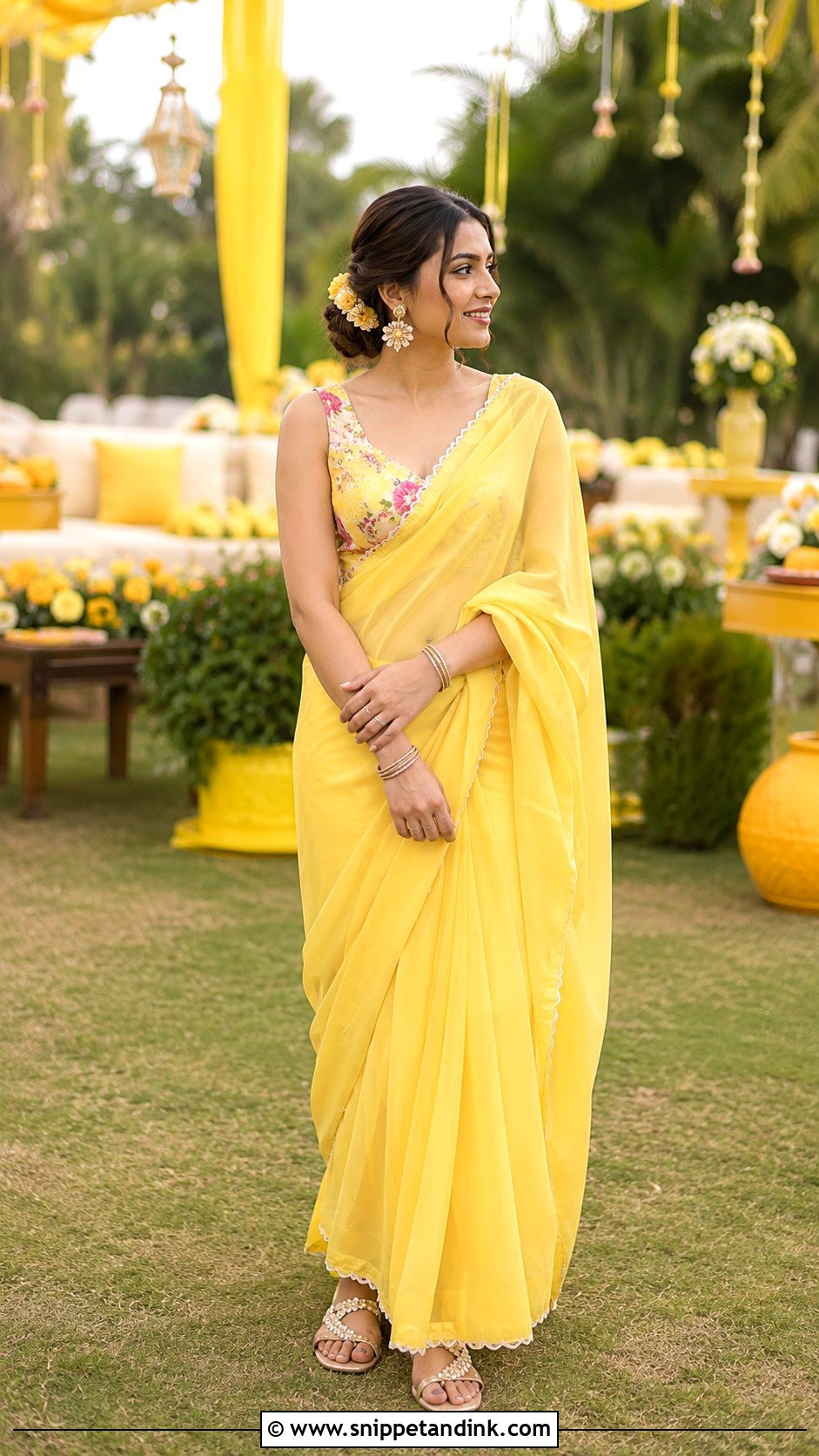 Yellow Saree With Floral Blouse - Snippet and Ink - 20 Yellow Haldi Ceremony Outfit for Sister Ideas