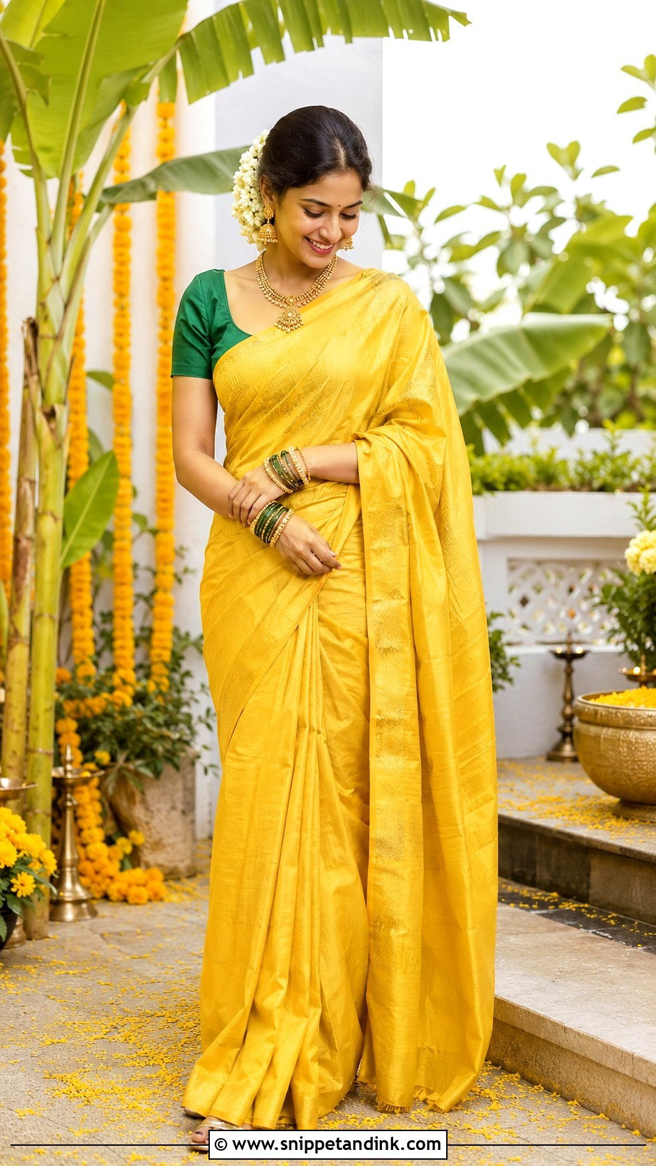 Yellow Saree With Green Blouse Haldi Outfit - Snippet and Ink - 25 South Indian Haldi Outfit Ideas