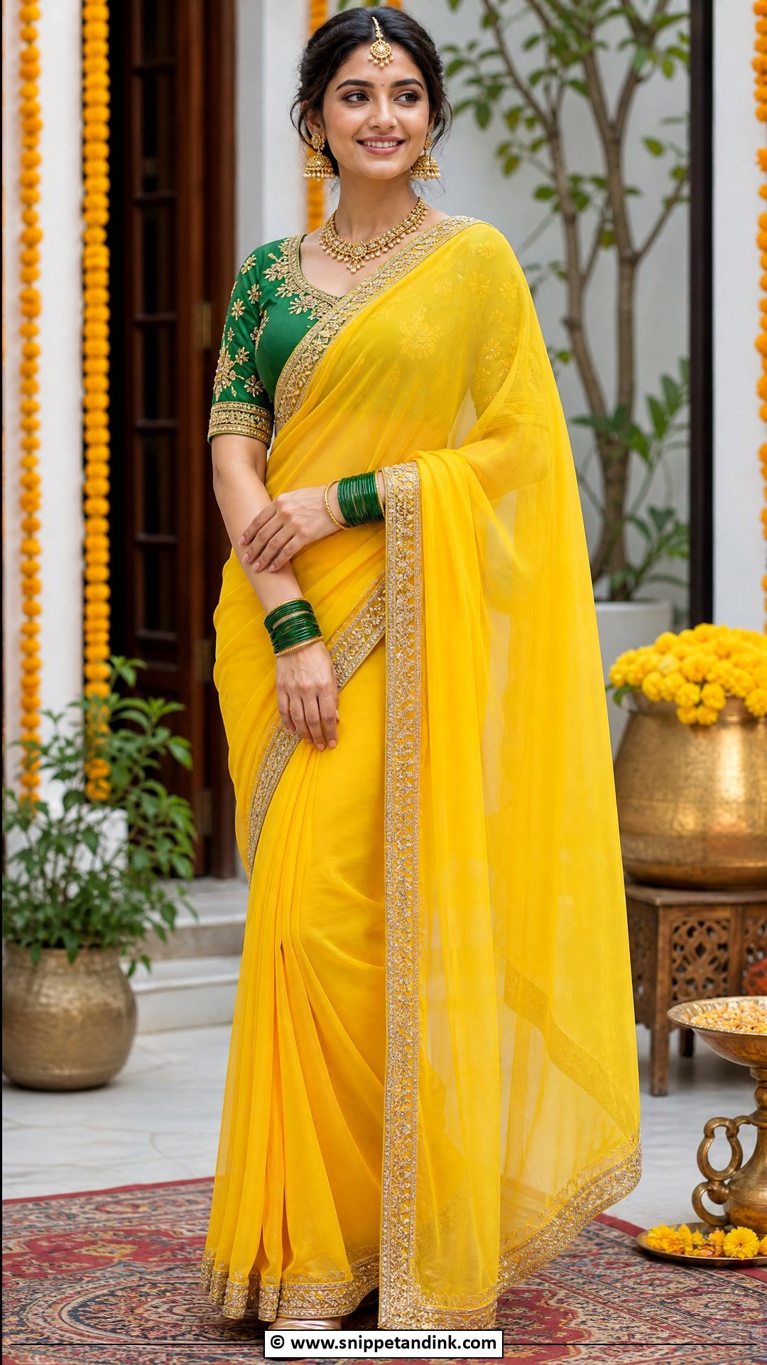 Yellow Saree With Green Blouse - Snippet and Ink - 35 Mehndi Dress Ideas