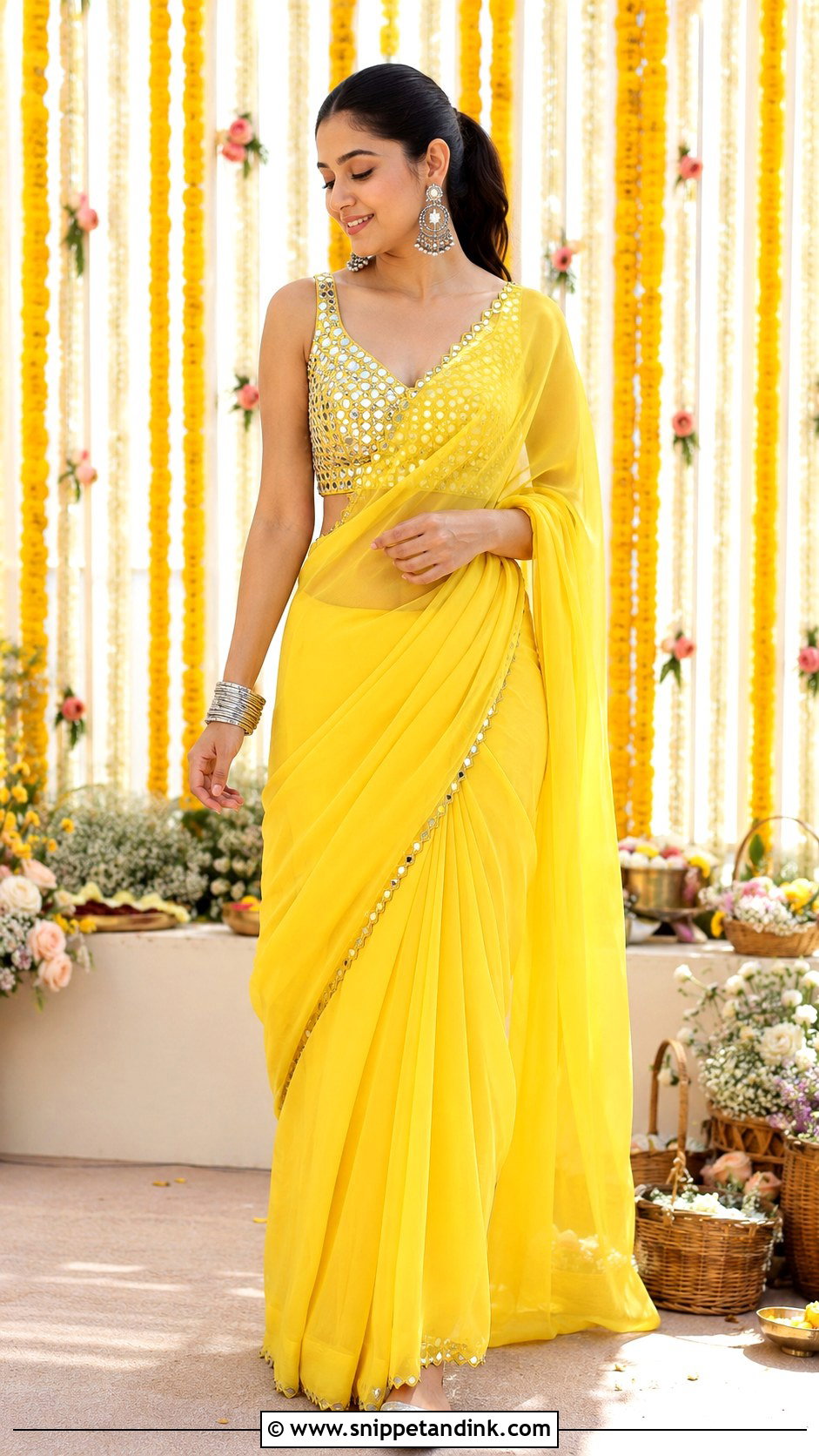 Yellow Saree With Mirror Work Blouse - Snippet and Ink - 25 Haldi Ceremony Dress Ideas
