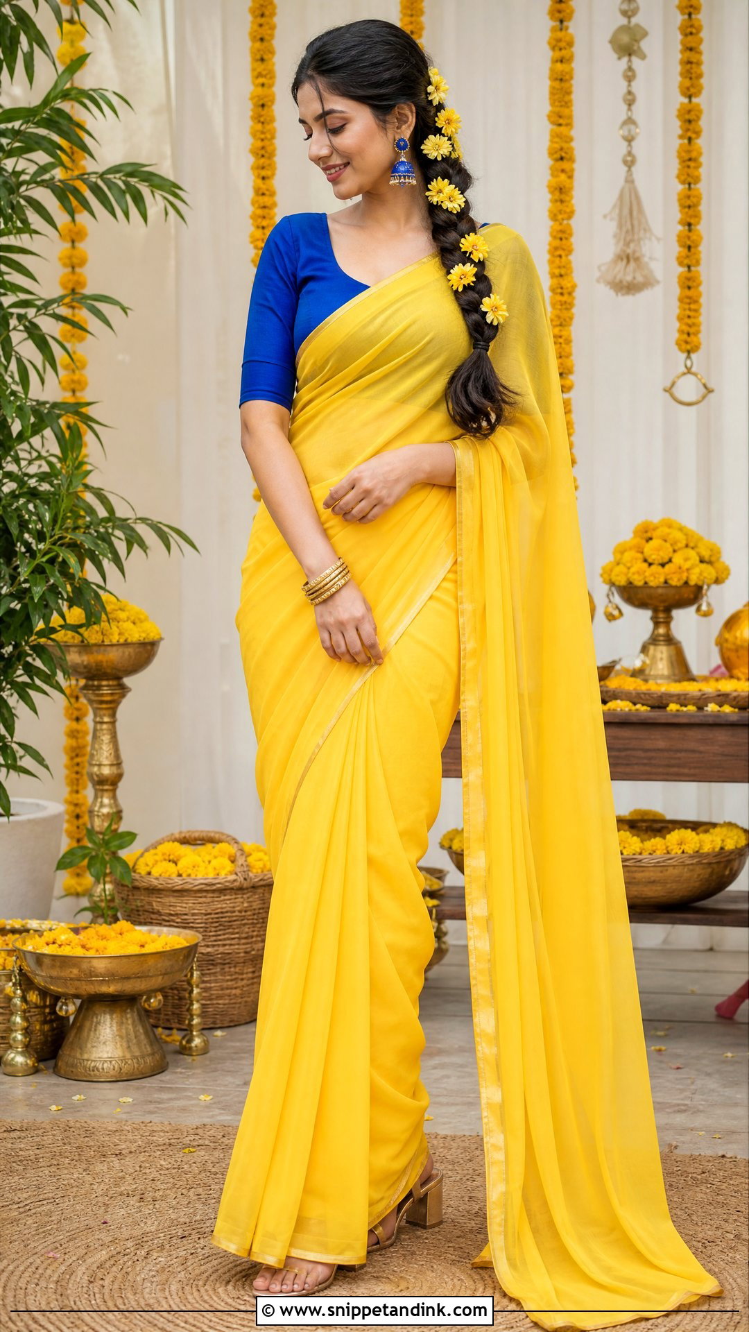 Yellow Saree With Royal Blue Blouse - Snippet and Ink - 20 Yellow Contrast Color Dress for Haldi Ideas