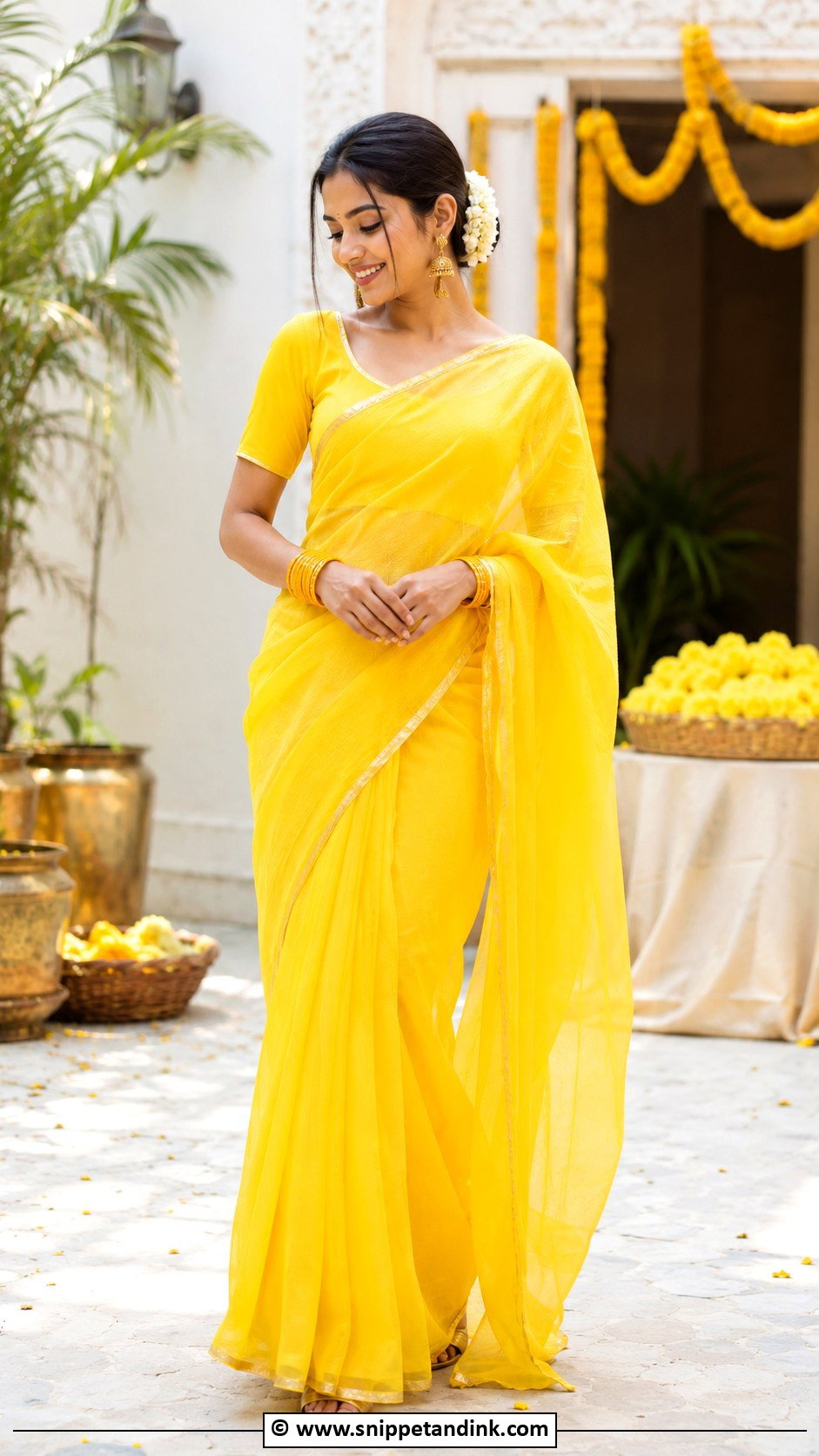 Yellow Saree With Simple Blouse For Haldi - Snippet and Ink - 30 Simple Haldi Dress Ideas