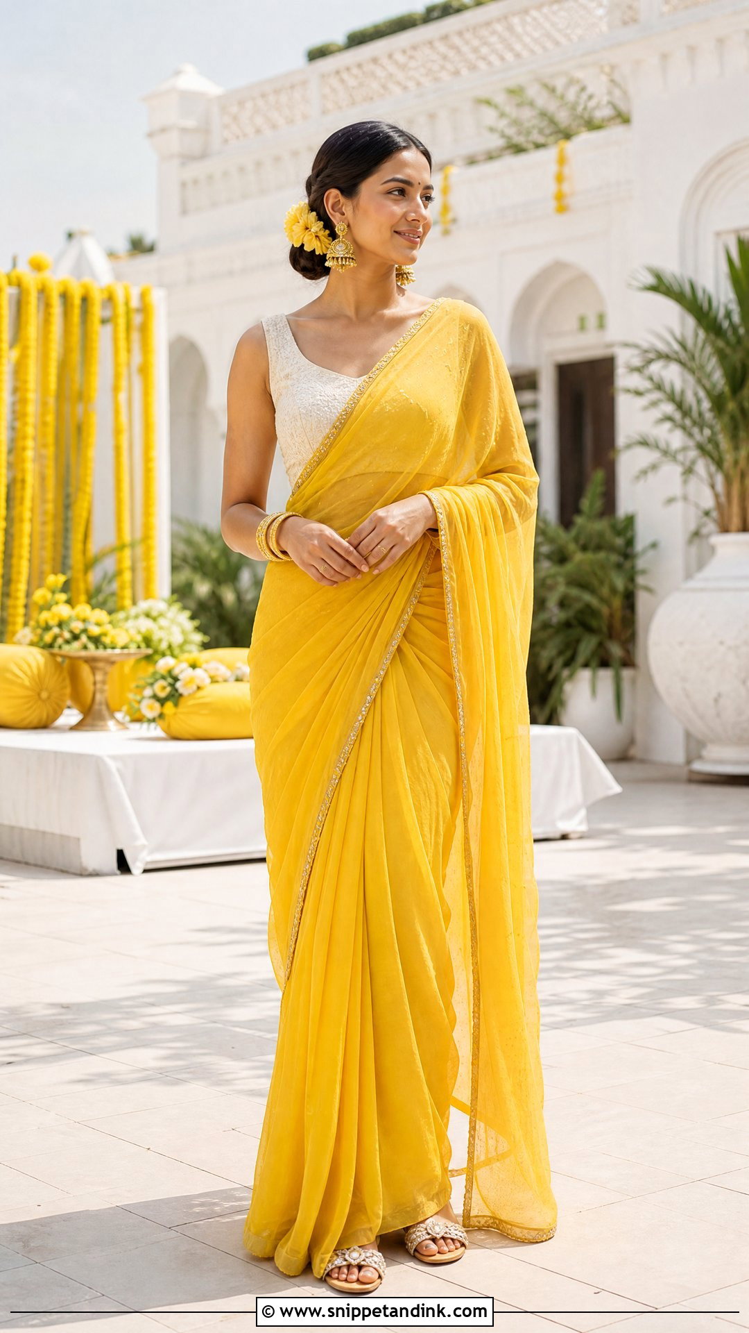 Yellow Saree With Sleeveless Blouse Haldi Outfit - Snippet and Ink - 20 Simple Haldi Ceremony Outfit for Sister Ideas