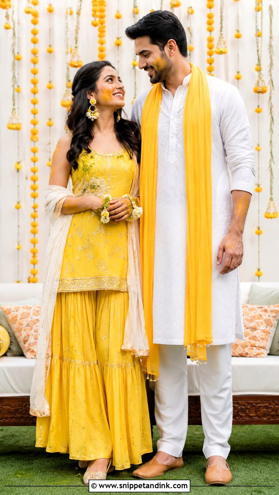 Yellow Sharara And White Kurta Haldi Couple Outfit - Snippet and Ink - 25 Haldi Couple Outfits