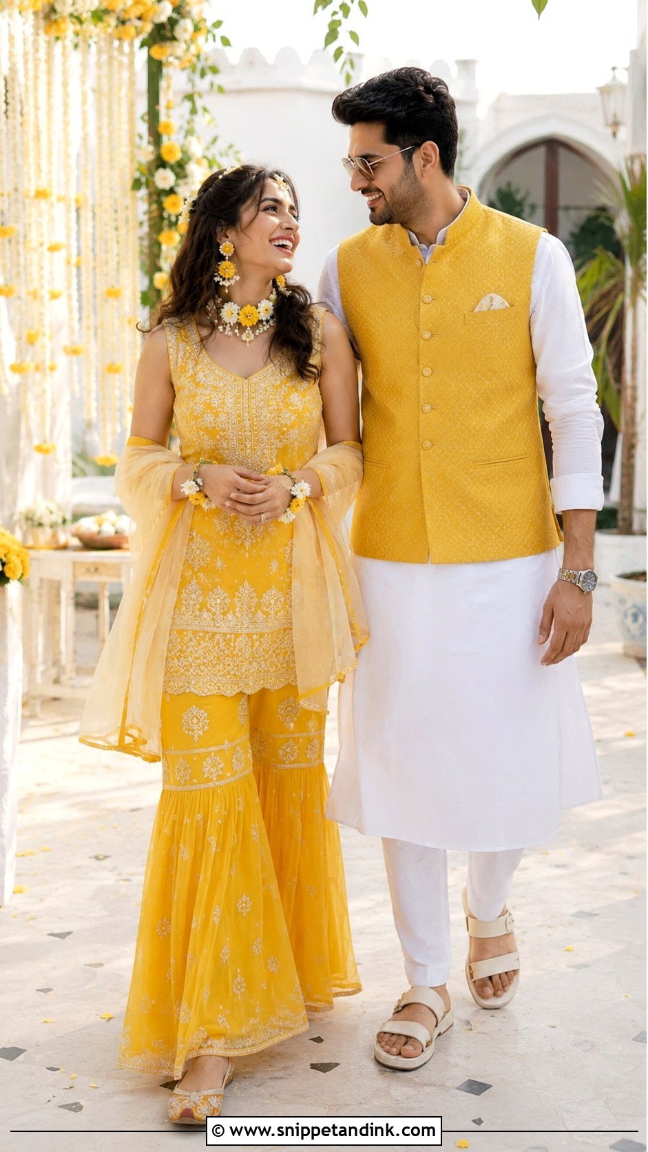 Yellow Sharara And White Kurta Set - Snippet and Ink - 20 Couple Matching Outfits Indian Wedding