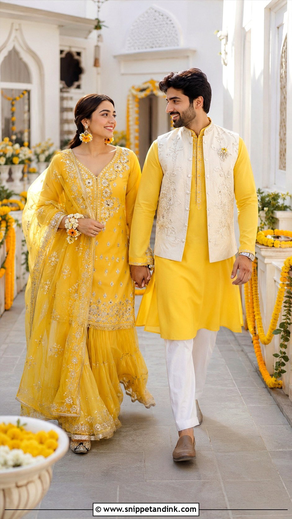 Yellow Sharara And Yellow Kurta Haldi Couple Outfit - Snippet and Ink - 20 Desi Couple Outfits