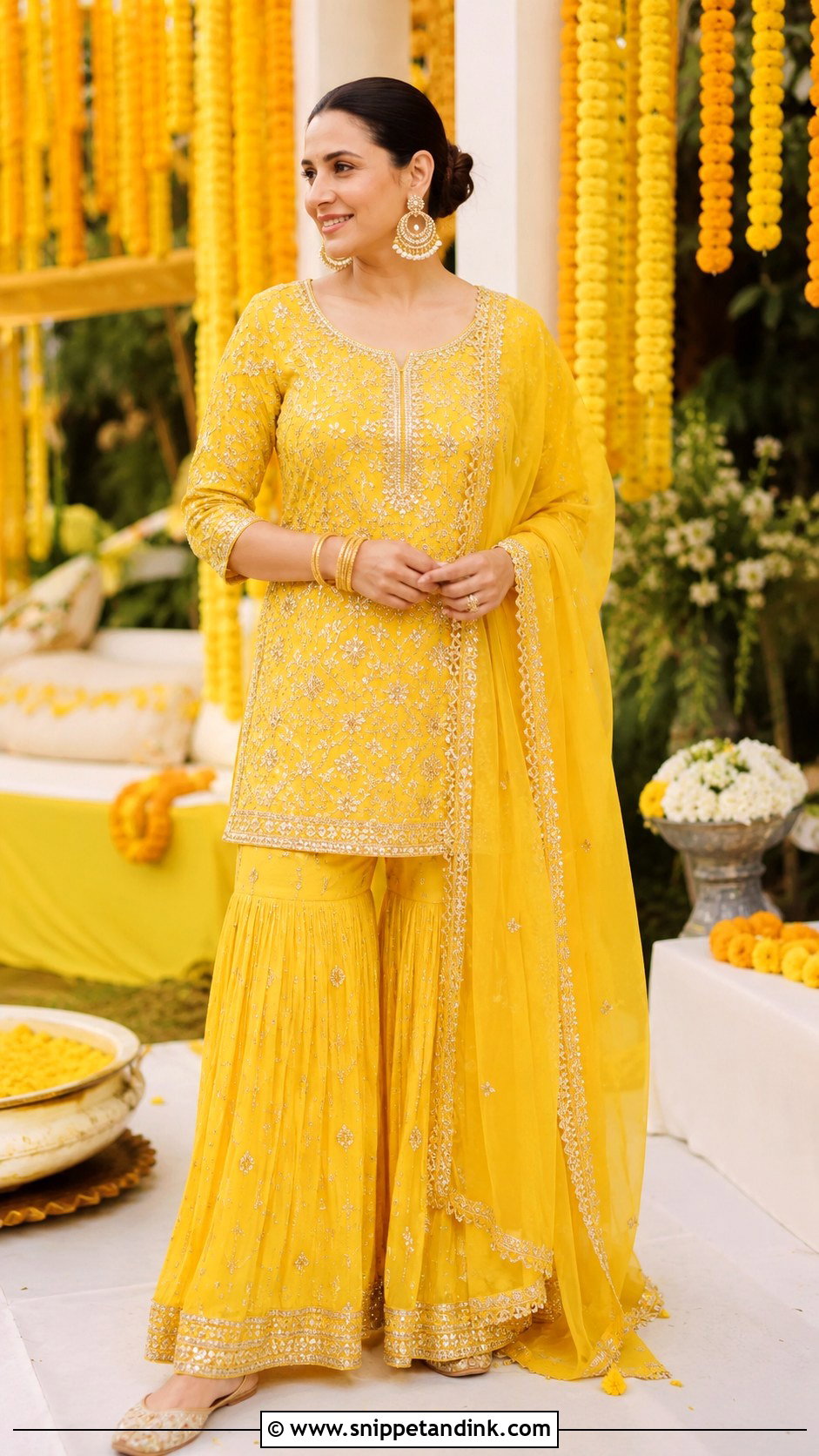 Yellow Sharara Haldi Outfit for Mom - Snippet and Ink - 20 Haldi Outfit for Mom Ideas