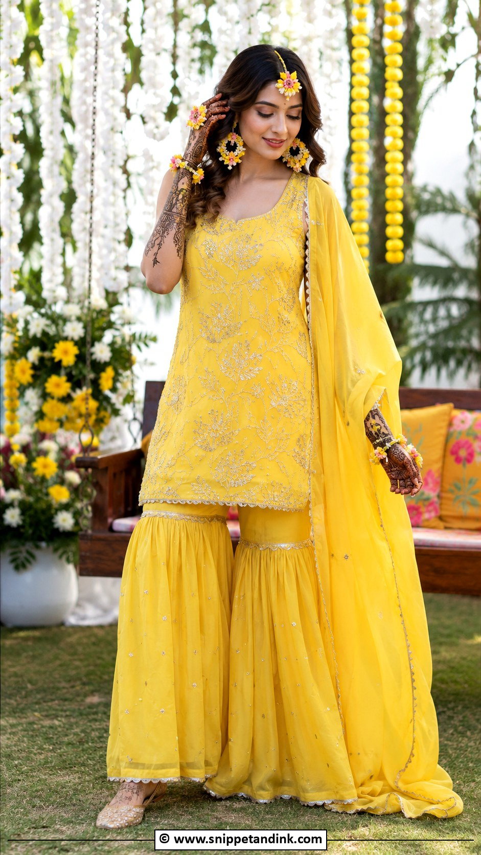 Yellow Sharara With Floral Jewelry Mehendi Outfit For Sister - Snippet and Ink - 30 Mehendi Outfits Sisters