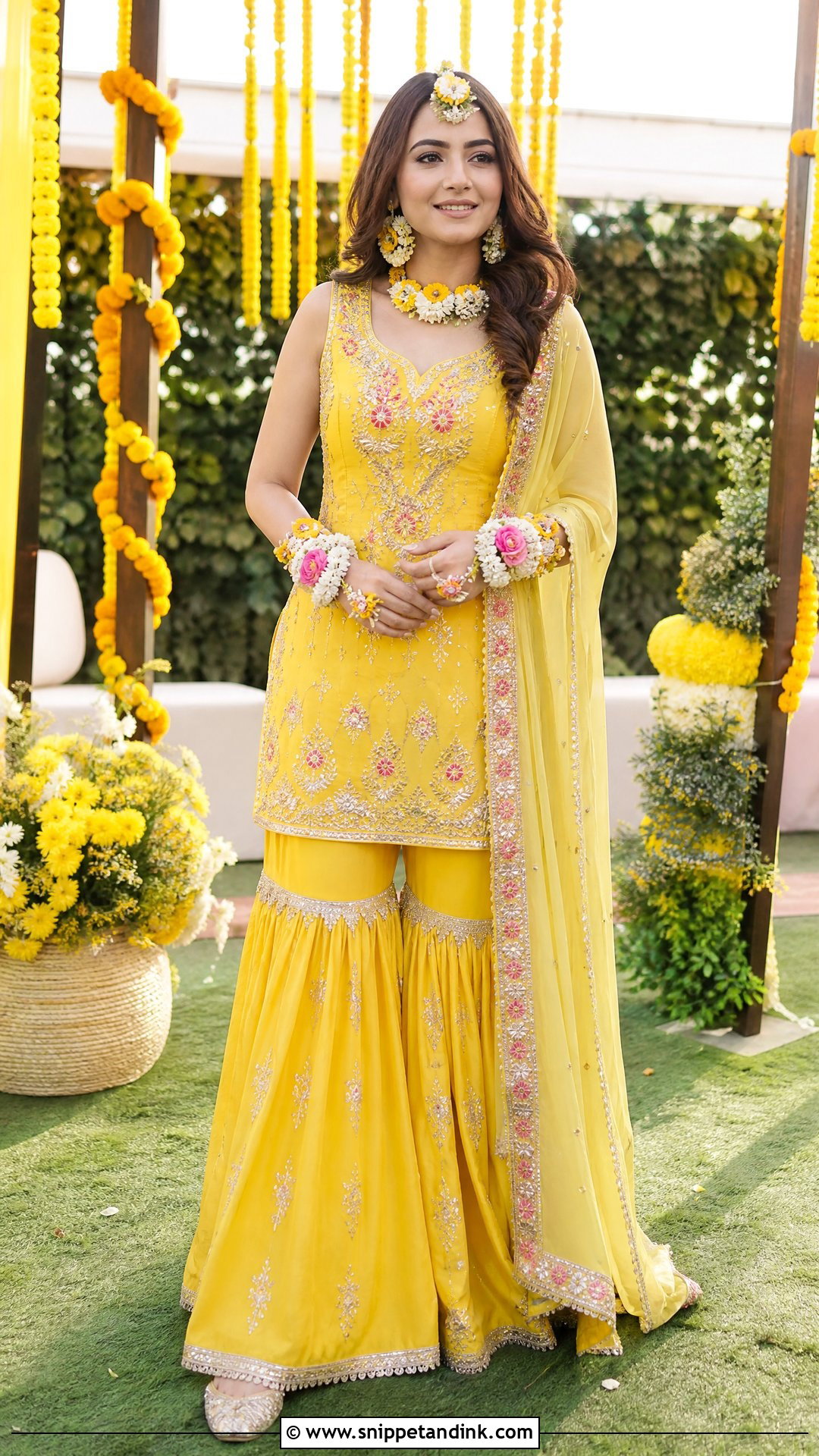 Yellow Sharara With Floral Jewelry Outfit - Snippet and Ink - 25 Mehndi Outfits for Bride