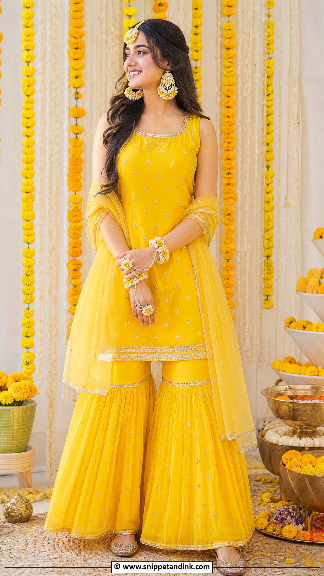 Yellow Sharara With Floral Jewelry - Snippet and Ink - 30 Yellow Sharara Ideas