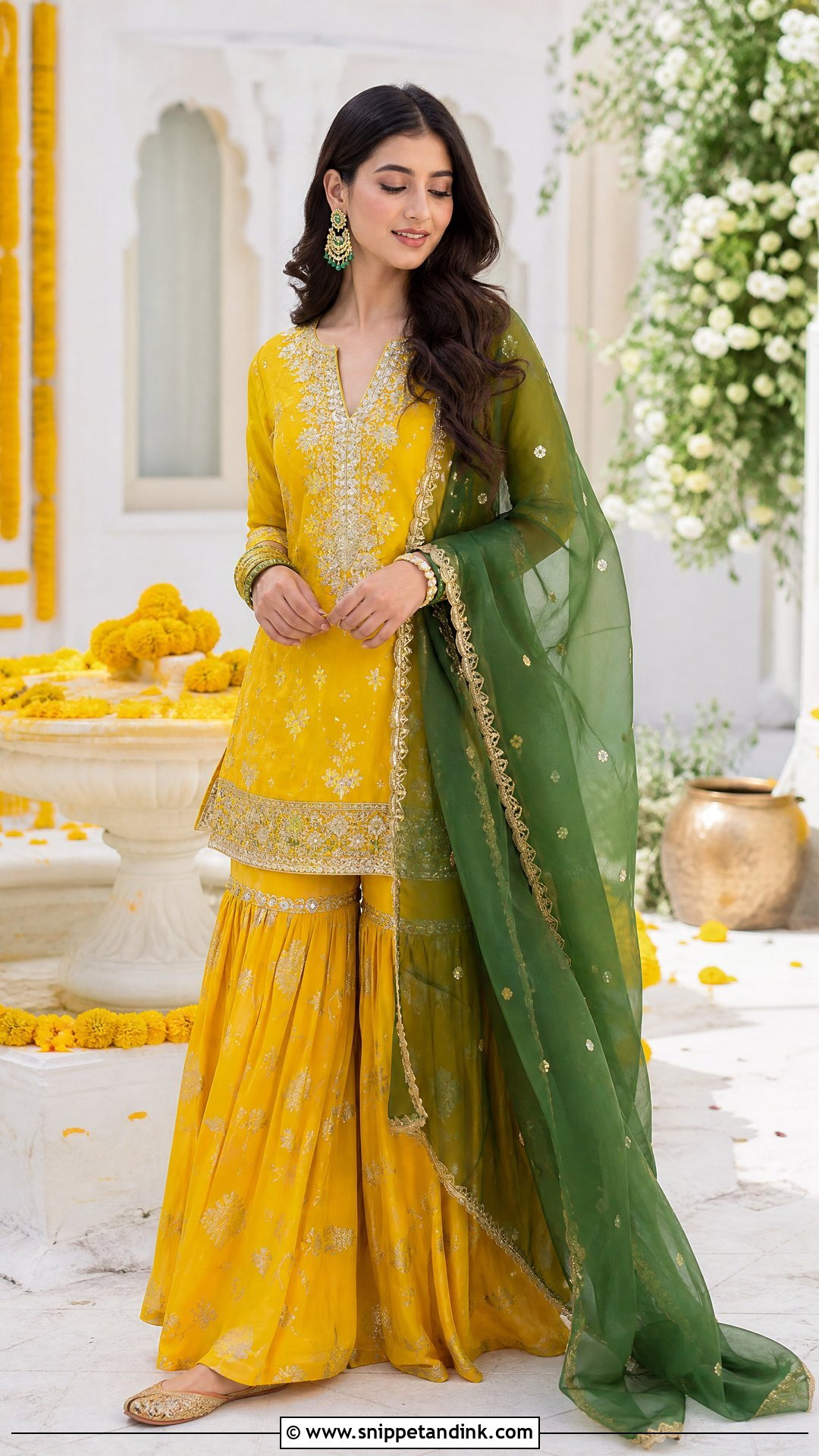 Yellow Sharara With Green Dupatta - Snippet and Ink - 20 Yellow Contrast Color Dress for Haldi Ideas