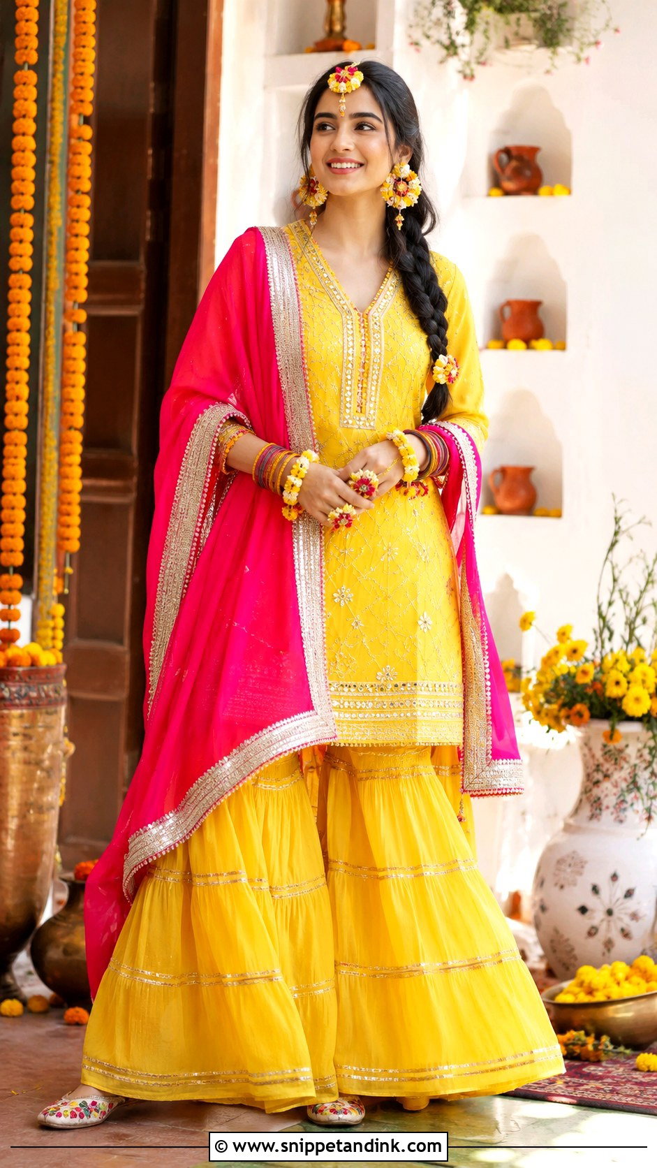 Yellow Sharara With Pink Dupatta - Snippet and Ink - 30 Pakistani Wedding Dresses