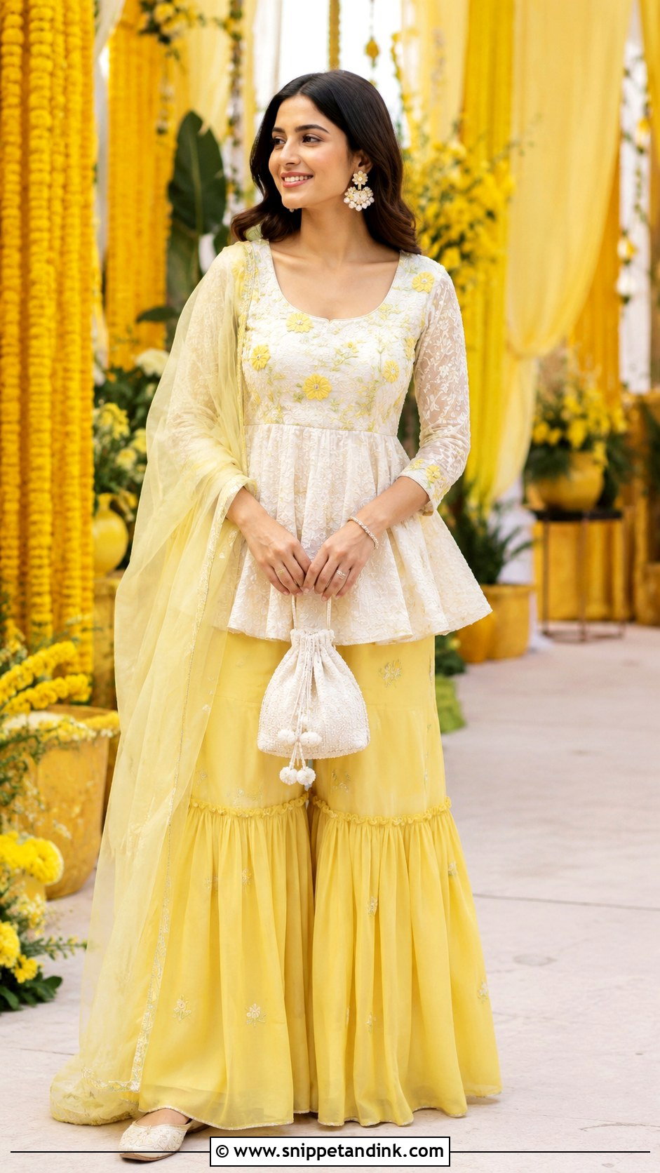 Yellow Sharara With White Peplum Kurti - Snippet and Ink - 20 White and Yellow Haldi Outfit Ideas