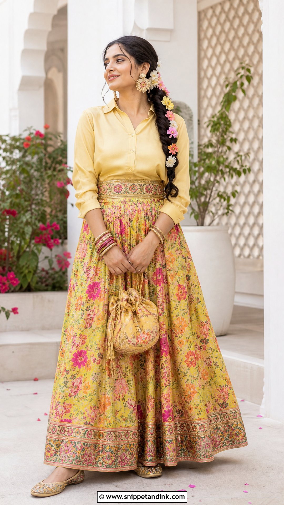 Yellow Shirt With Printed Maxi Skirt - Snippet and Ink - 20 Western Pithi Outfit Brides Ideas