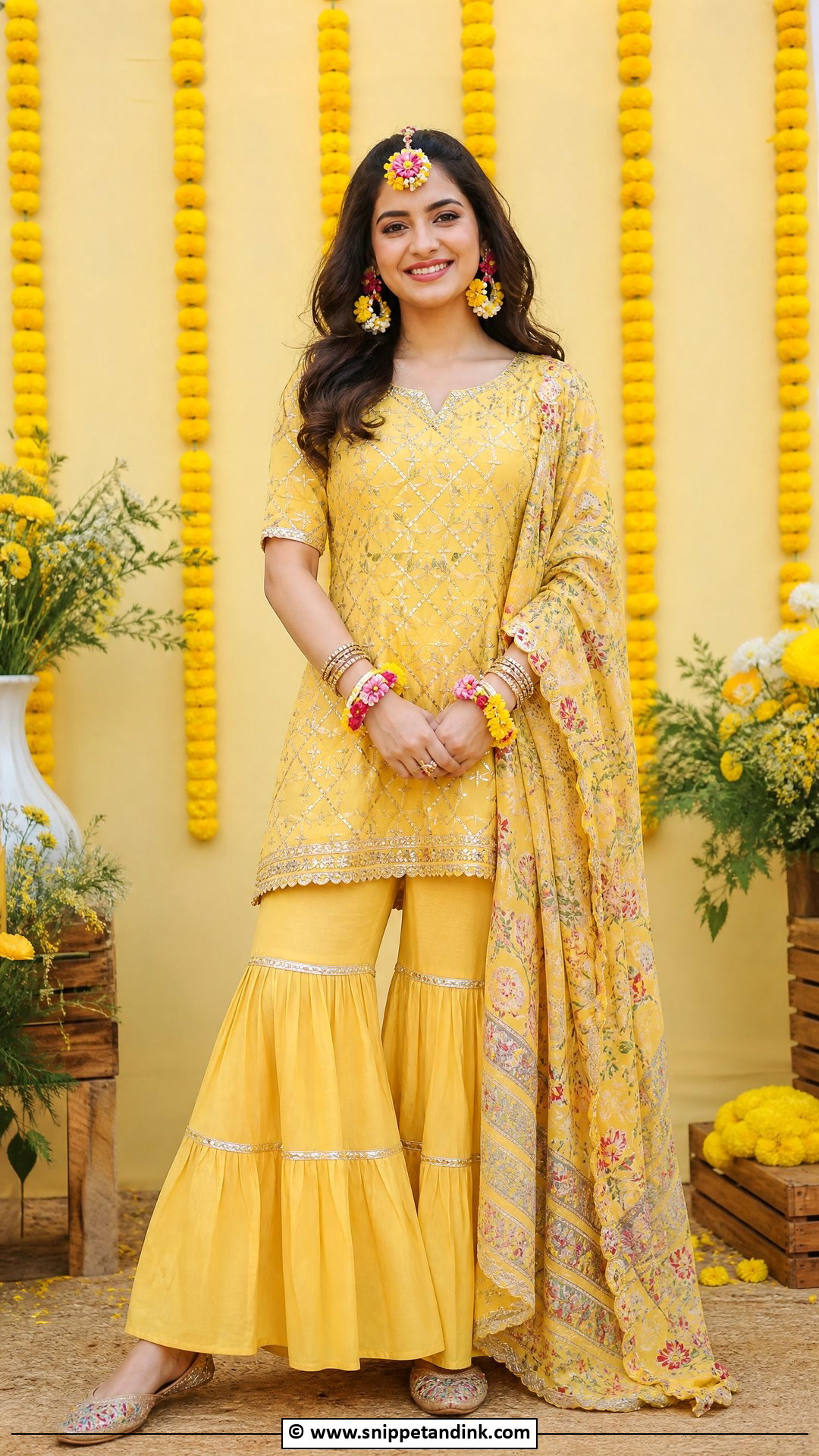 Yellow Short Kurti Sharara For Haldi Ceremony - Snippet and Ink - 35 Haldi Ceremony Outfit for Bride Ideas