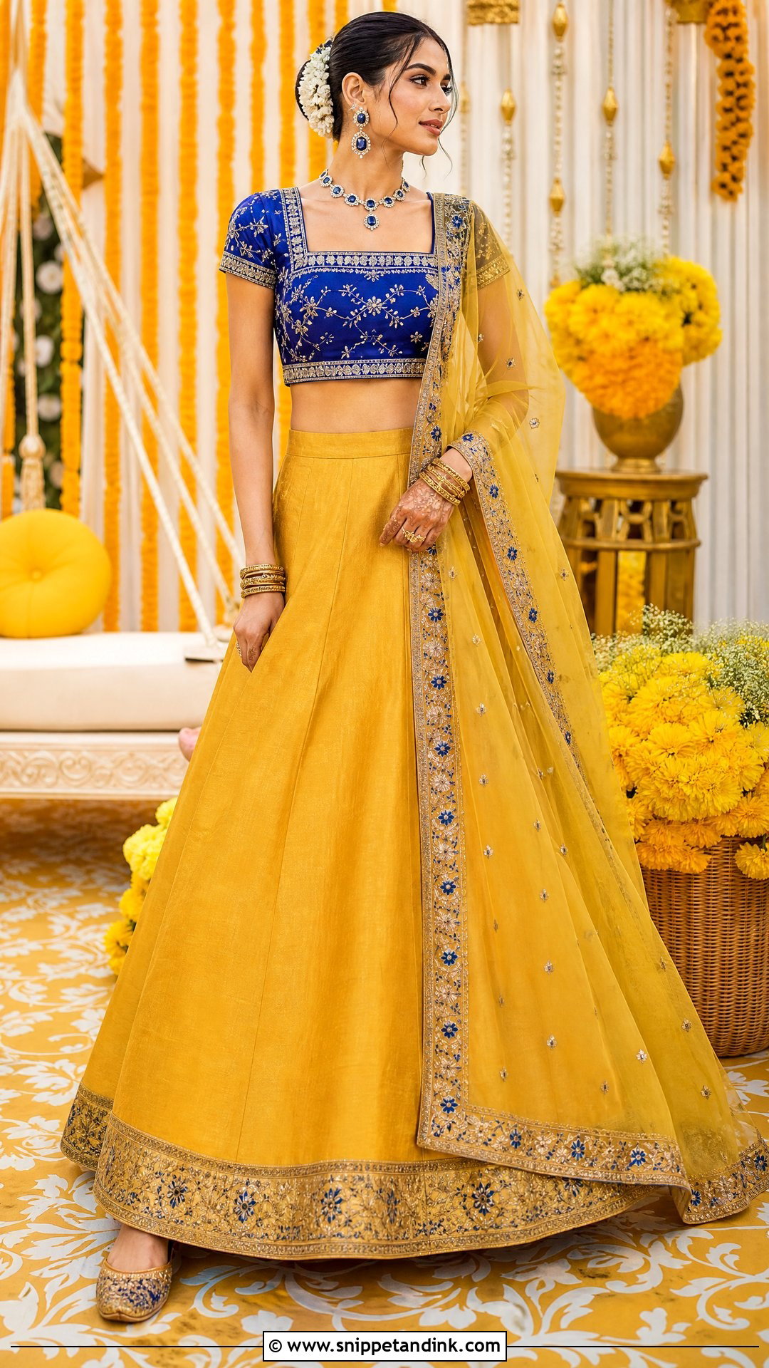 Yellow Silk Lehenga With Royal Blue Blouse - Snippet and Ink - 20 Yellow Contrast Color Dress for Haldi Ideas