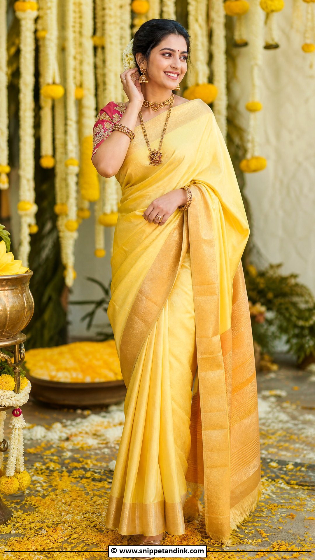 Yellow Silk Saree For Haldi Ceremony - Snippet and Ink - 35 Haldi Ceremony Outfit for Bride Ideas