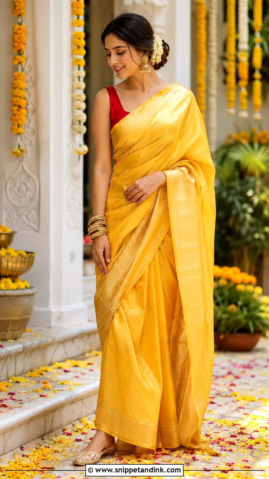 Yellow Silk Saree Haldi Outfit - Snippet and Ink - 20 Haldi Traditional Outfit Ideas