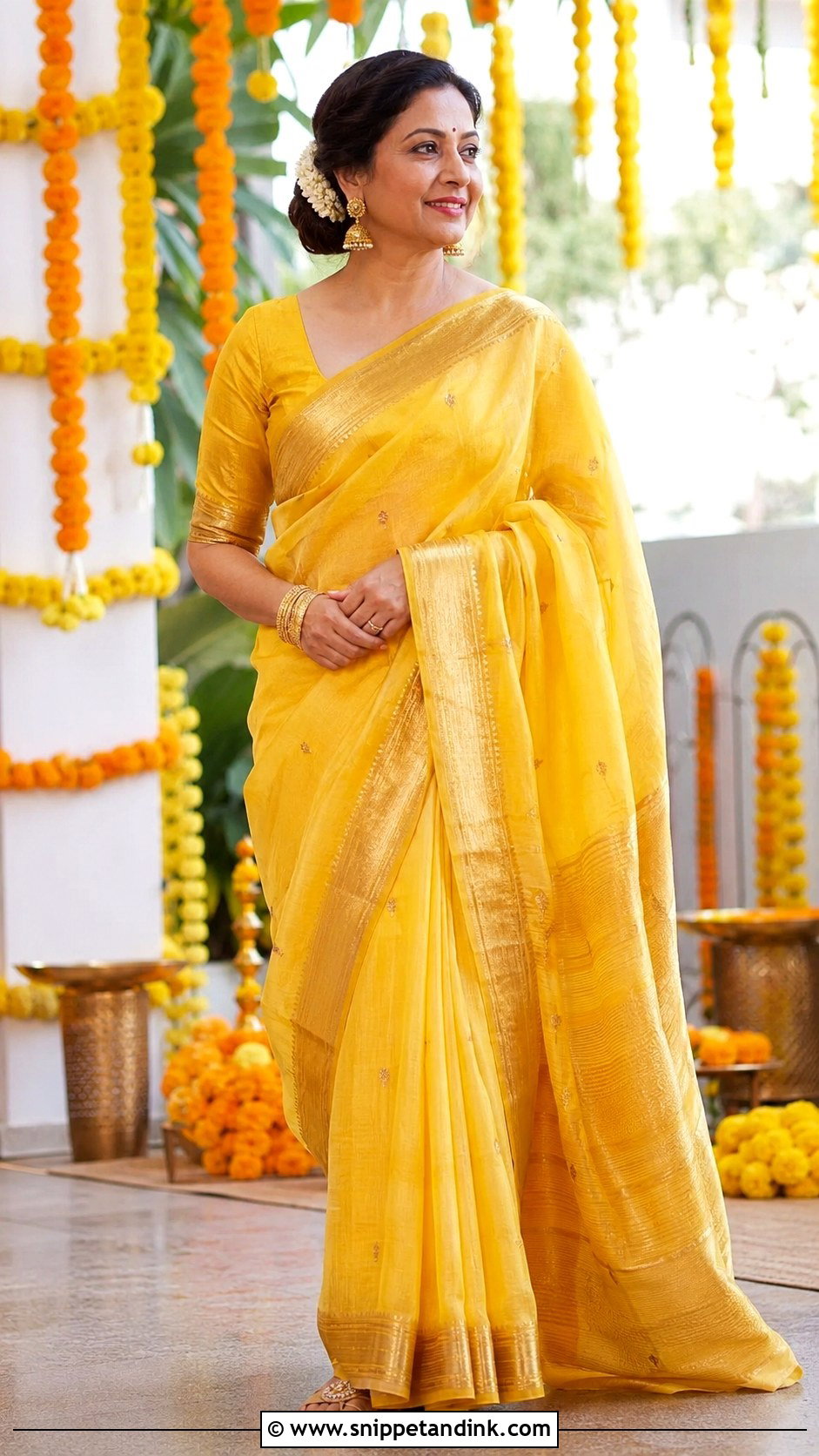 Yellow Silk Saree Haldi Outfit for Mom - Snippet and Ink - 20 Haldi Outfit for Mom Ideas