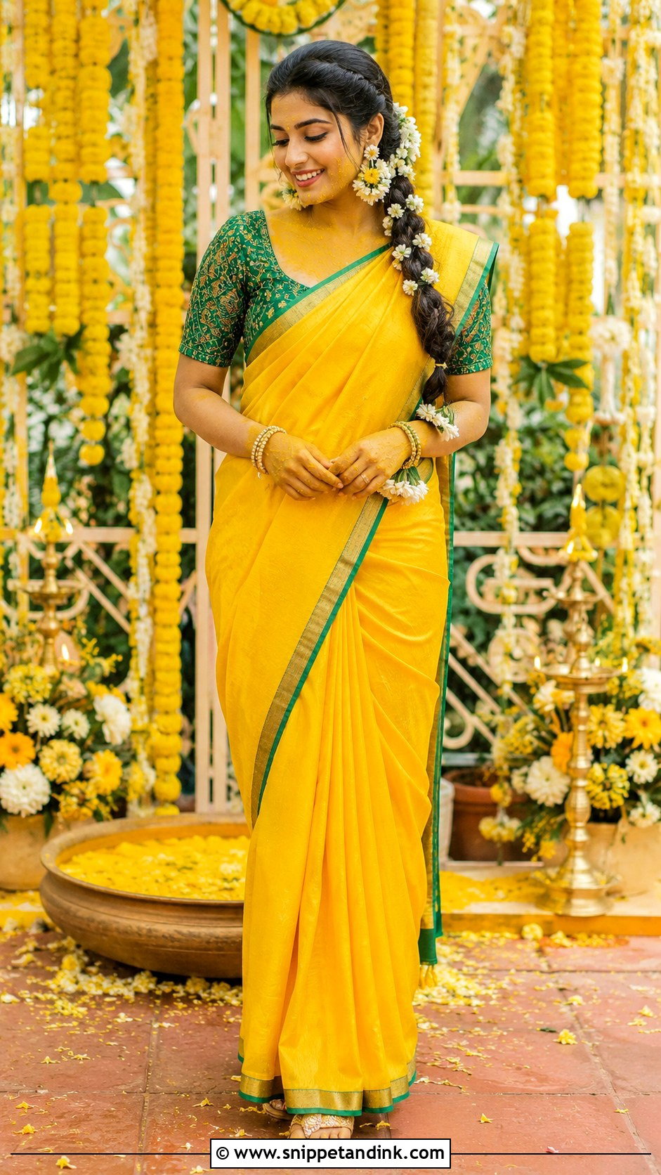 Yellow Silk Saree Mangalorean Haldi Bride - Snippet and Ink - 20 Mangalorean Bride Ideas