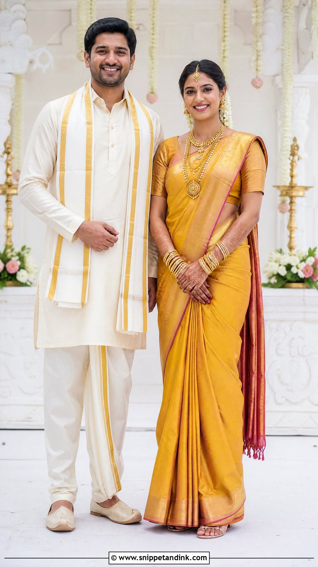 Yellow Silk Saree With Cream Kurta Pajama - Snippet and Ink - 25 Indian Hindu Couple Wedding Dress Ideas