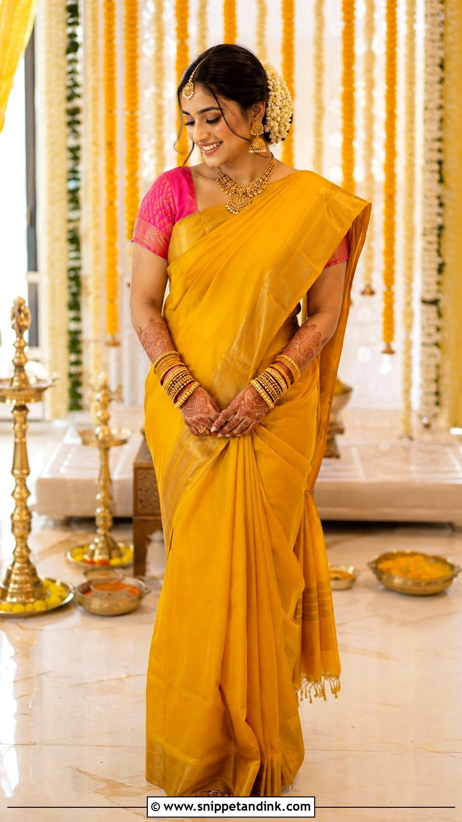 Yellow Silk Saree for Haldi Bride - Snippet and Ink - 25 Yellow Haldi Outfit for Bride Ideas
