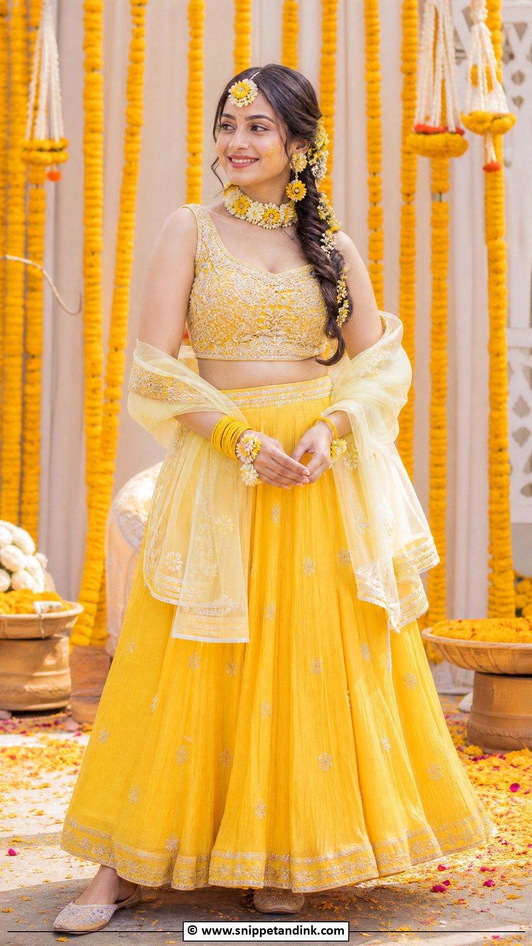 Yellow Skirt And Blouse For Haldi Ceremony - Snippet and Ink - 35 Haldi Ceremony Outfit for Bride Ideas