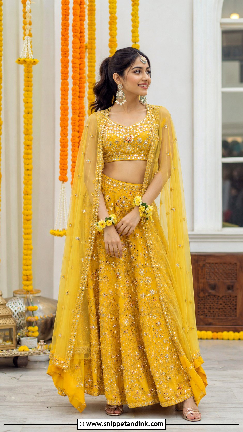 Yellow Skirt And Cape Blouse Haldi Outfit - Snippet and Ink - 20 Haldi Outfits Ideas