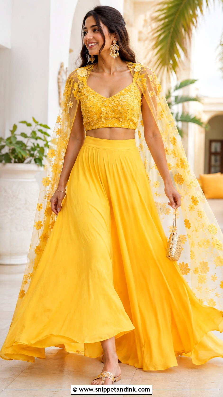 Yellow Skirt And Cape Haldi Outfit - Snippet and Ink - 20 Haldi Trending Outfits