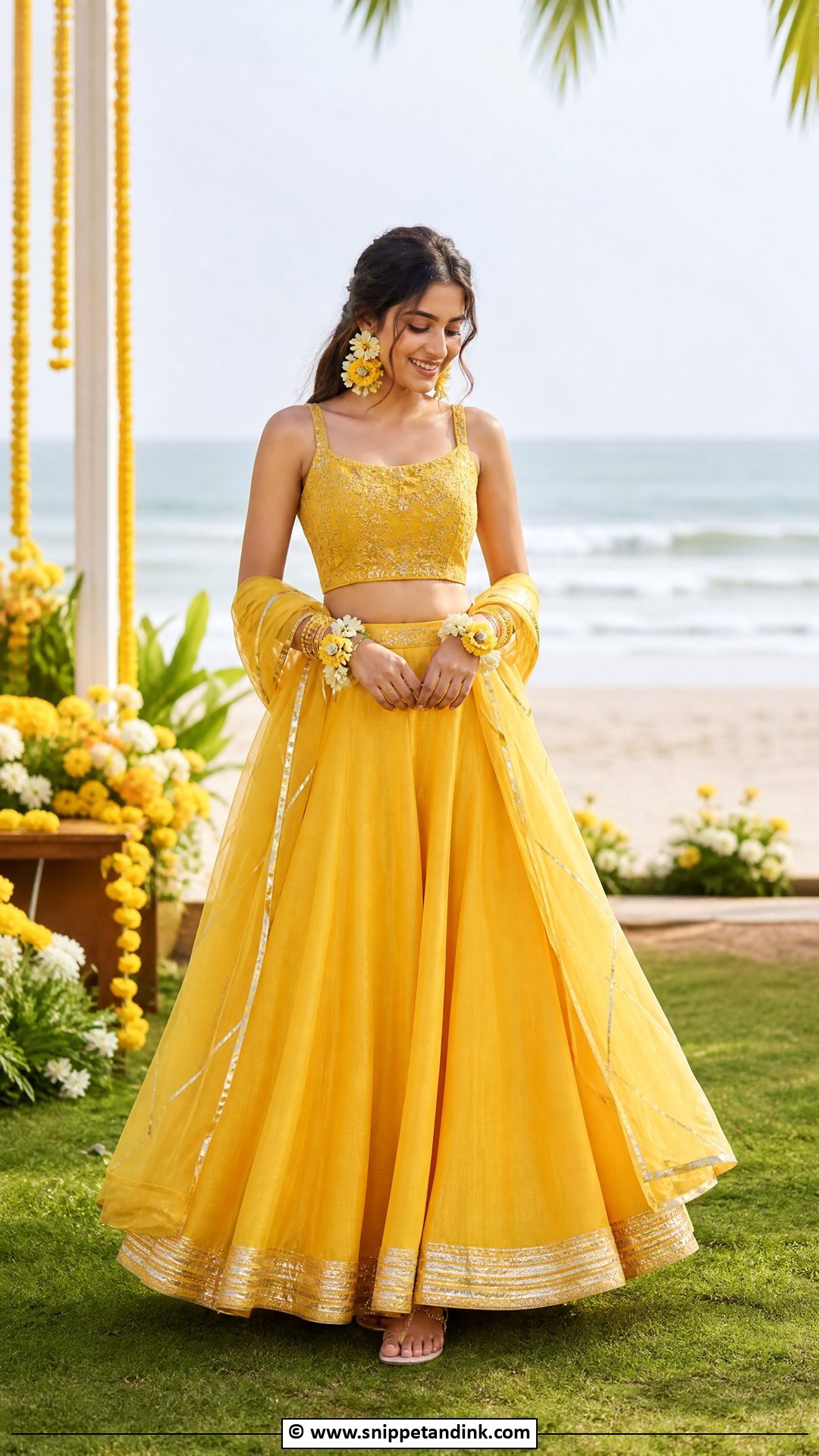 Yellow Skirt And Crop Top For Haldi Bride - Snippet and Ink - 35 Haldi Outfit for Bride Ideas
