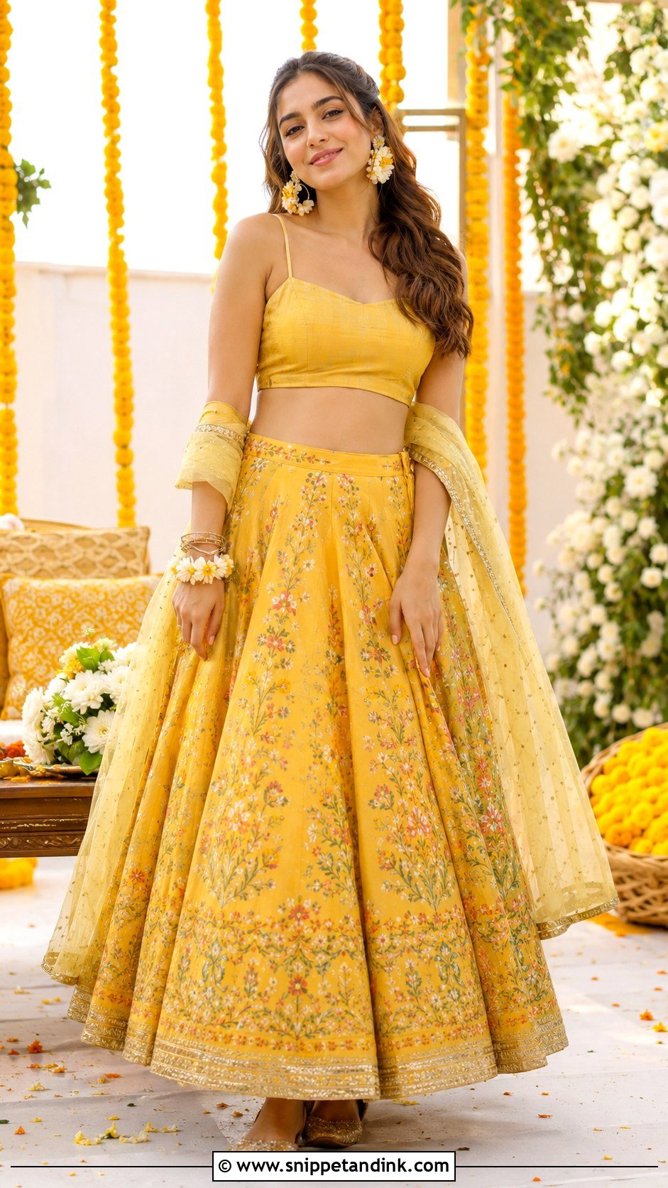 Yellow Skirt And Crop Top For Haldi Function - Snippet and Ink - 30 Haldi Function Outfit Ideas