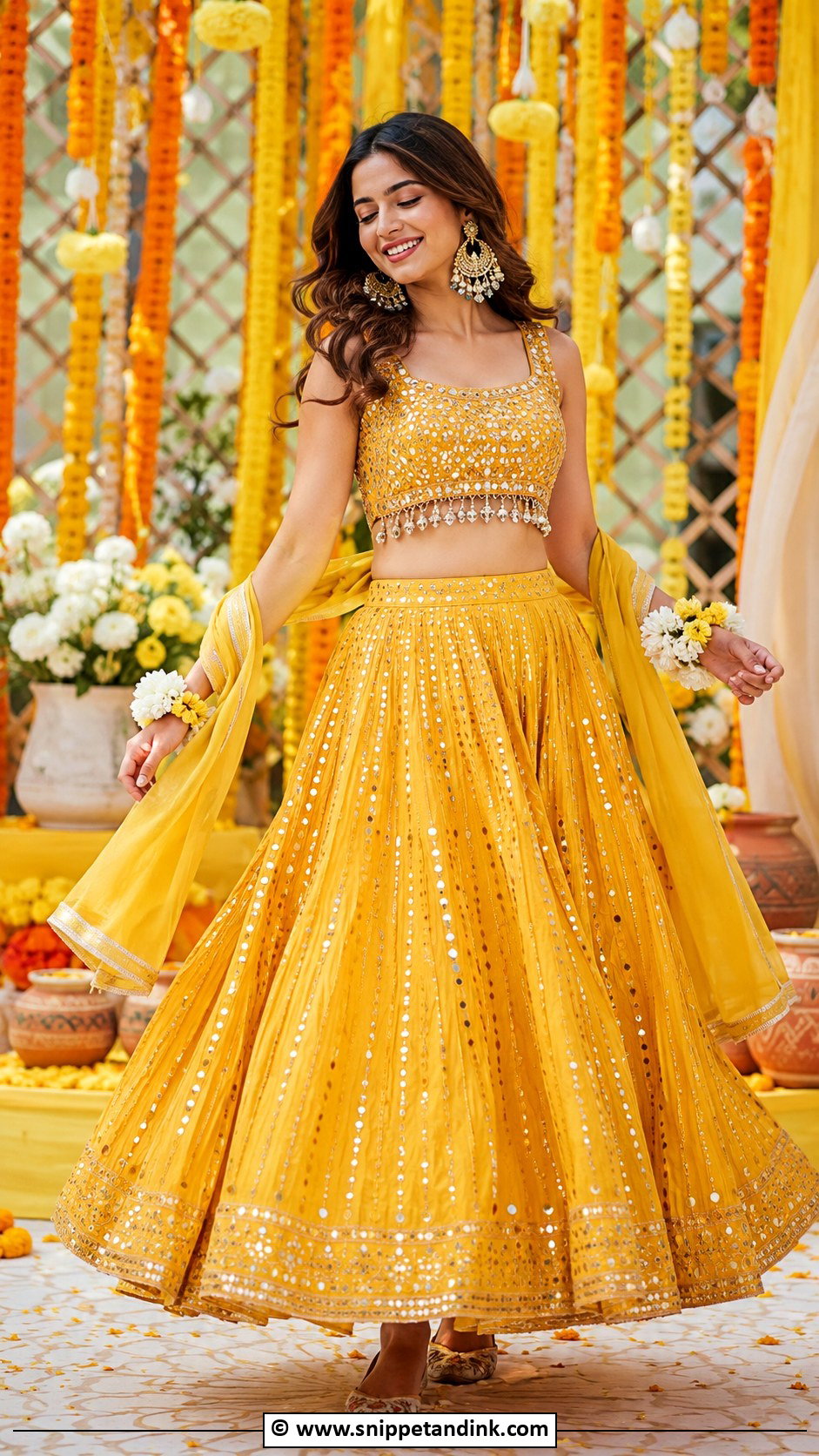 Yellow Skirt And Crop Top Haldi Outfit - Snippet and Ink - 30 Unique Haldi Ceremony Outfit for Bride Ideas