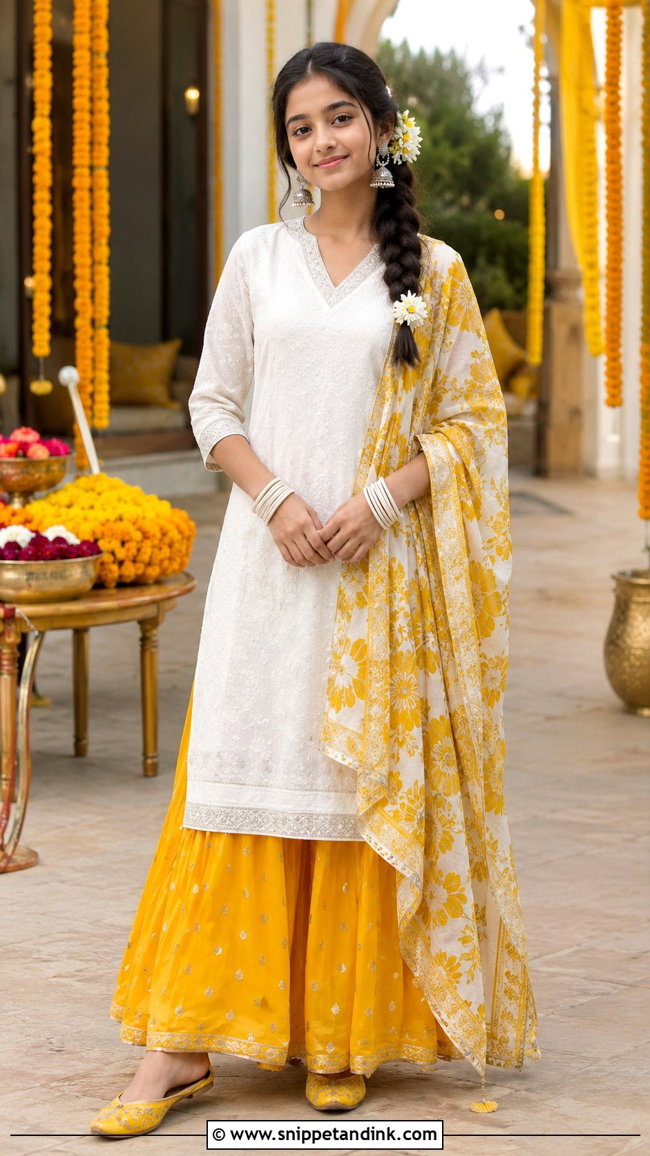 Yellow Skirt And White Kurta Haldi Outfit - Snippet and Ink - 20 Haldi Ceremony Outfit for Girls Ideas