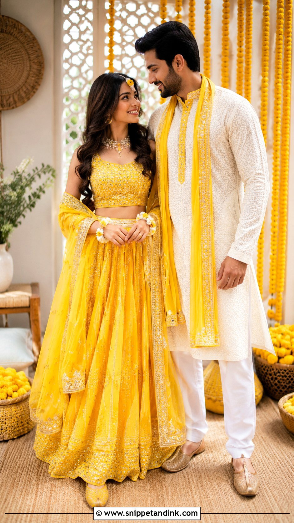 Yellow Skirt Top And Kurta Haldi Couple Outfit - Snippet and Ink - 25 Haldi Couple Outfits