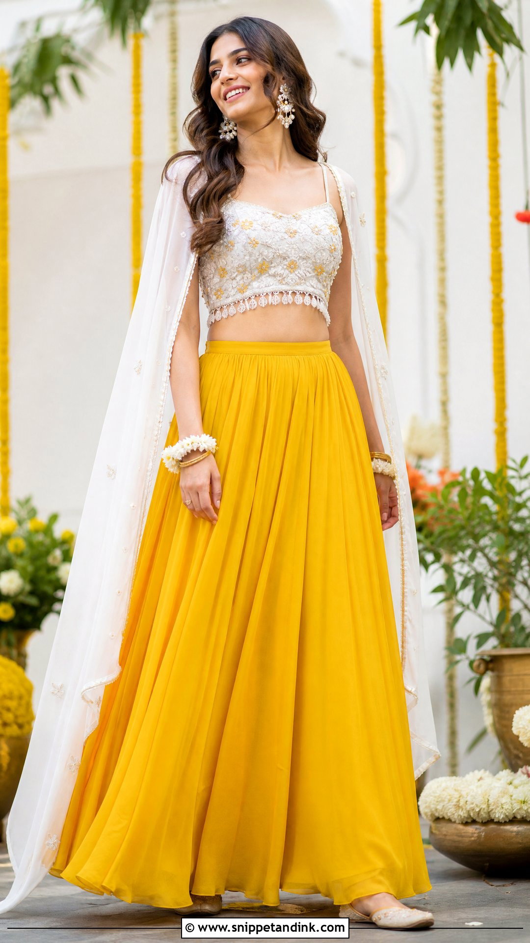 Yellow Skirt With White Crop Top - Snippet and Ink - 20 Yellow Contrast Color Dress for Haldi Ideas