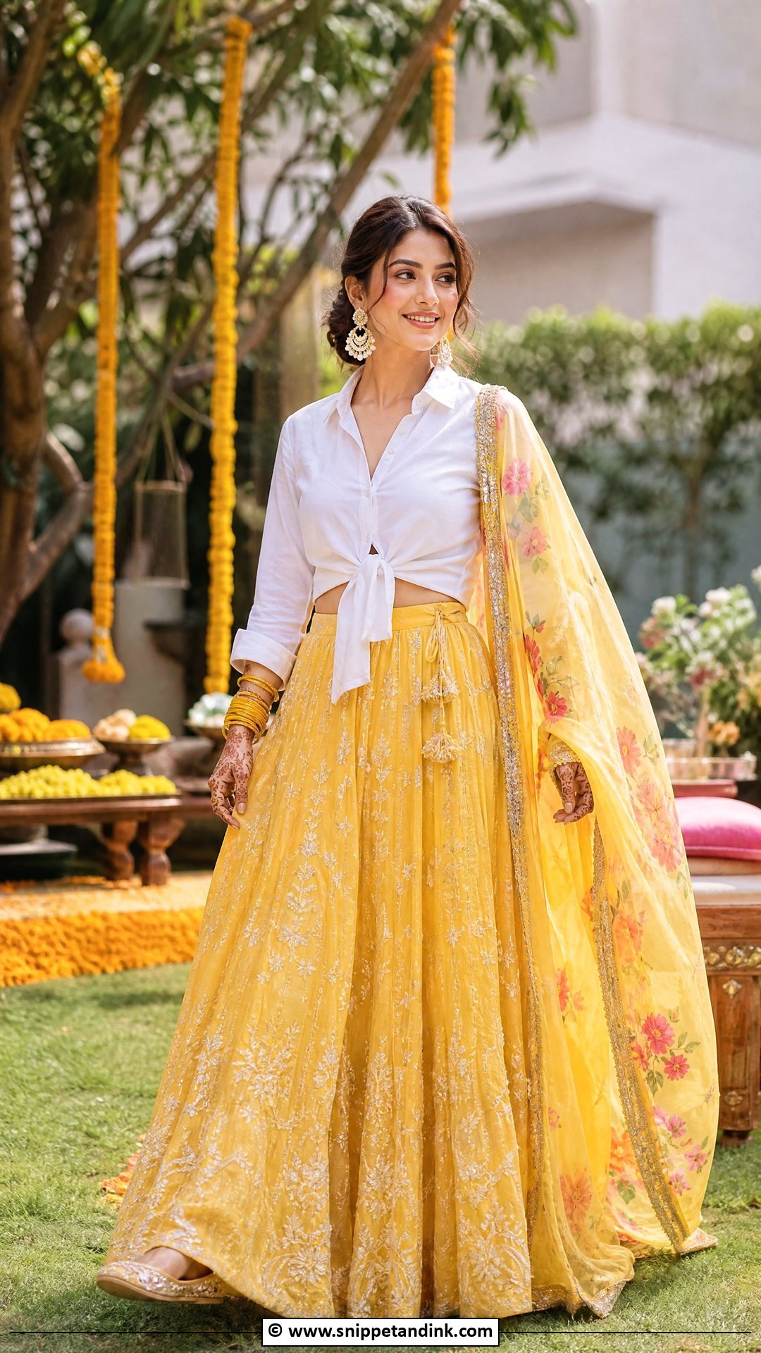 Yellow Skirt With White Shirt Haldi Outfit - Snippet and Ink - 35 Haldi Outfit Ideas